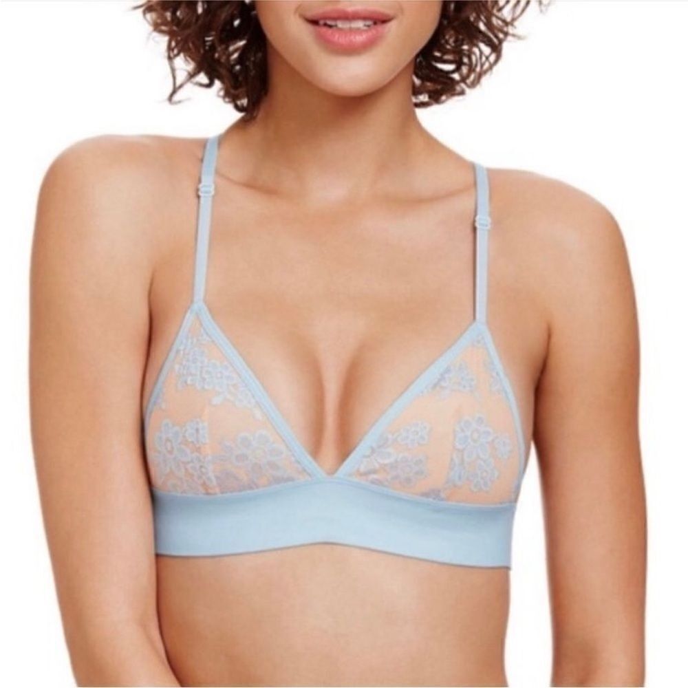 Pink Victoria's Secret Womens Blue Floral Lace Triangle Unlined Bralette Small